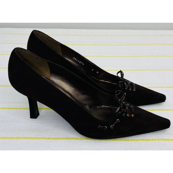 Stuart Weitzman Brown Suede Lace Up Point Toe Heels Women 9M Career Chic Luxe - Picture 3 of 11